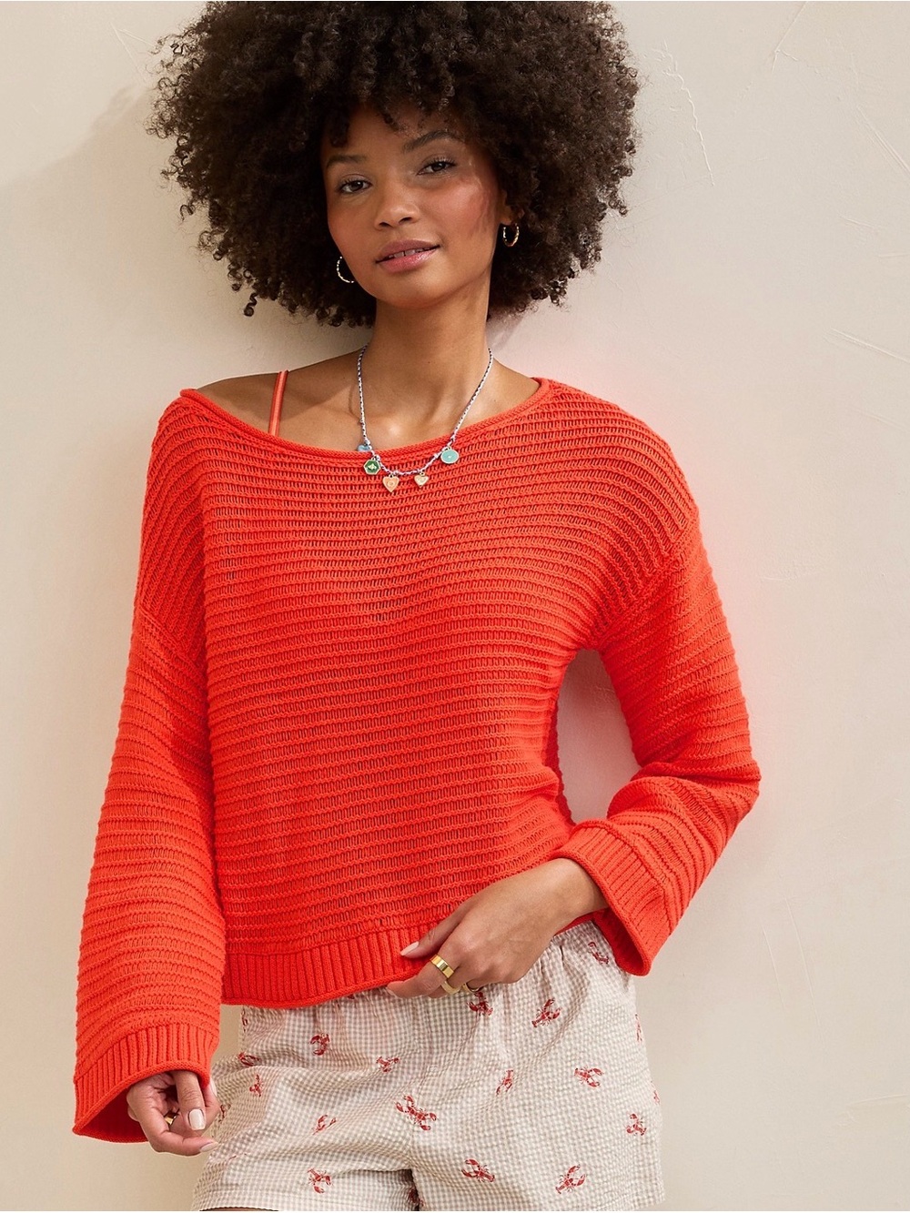 NWT Aerie Aerie Sunkissed Textured Off-The-Shoulder Sweater in Orange Flare